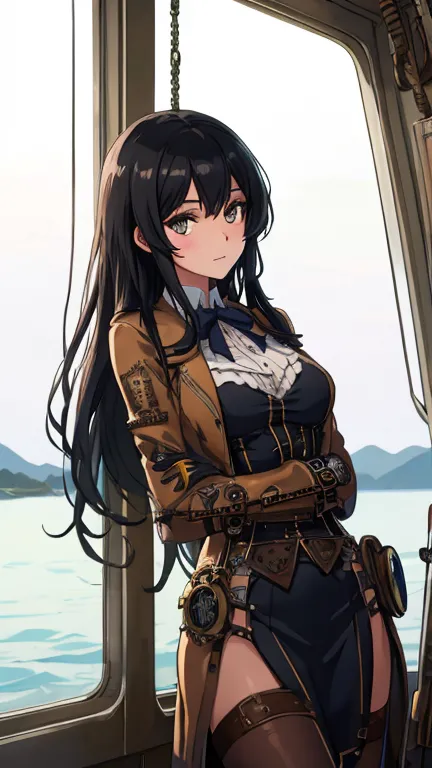     black hair, Glass,   steampunk,Sailing 