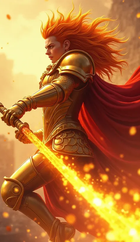  He wears lion-inspired golden armor々, the female anime warrior、A burning spear with ultra-realistic golden flame texture and intricate details on golden armor shining under the shining sun ,  Leaves a trail of shining golden flame  . His fiery hair flows ...