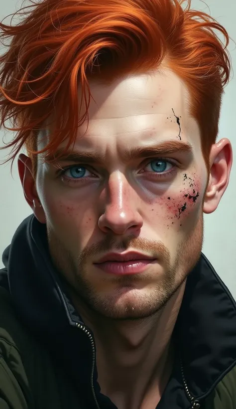 Portrait of a man with striking visual features. He has vibrant red hair, crystal blue eyes with an interesting twist, his right eye is blind. He carries a memorable scar on his right cheek, a mark of a story untold. His complexion is lightly sprinkled wit...