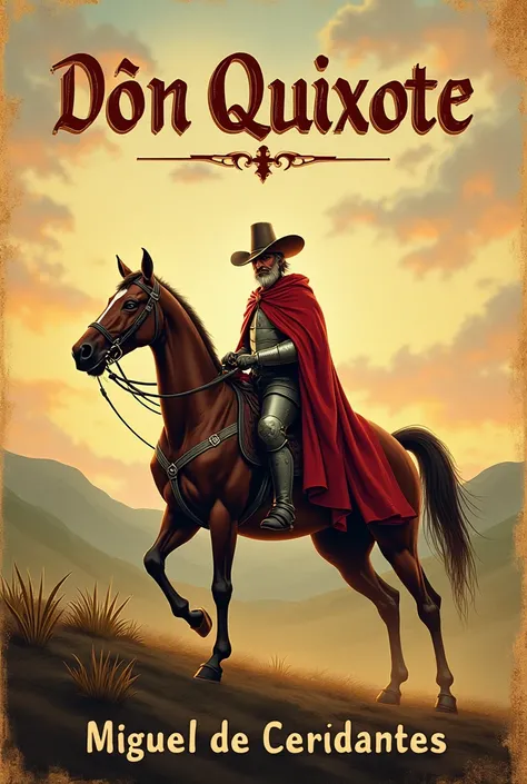 Book cover, Don quixote, Don quixote on a horse with someone, make it look normal, warm design, put author name below Miguel De Cervantes and title above Don Quixote 