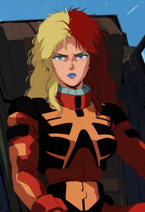 score_9, score_8_up , score_7_up , score_6_up , Anime screencap, anime coloring, CharaSoonS1, red hair, blonde hair, long hair, multicolored hair, lipstick, blue lips, purple eyes, green eyeshadow,
red spacesuit, red gloves,、 is the cockpit in the backgrou...