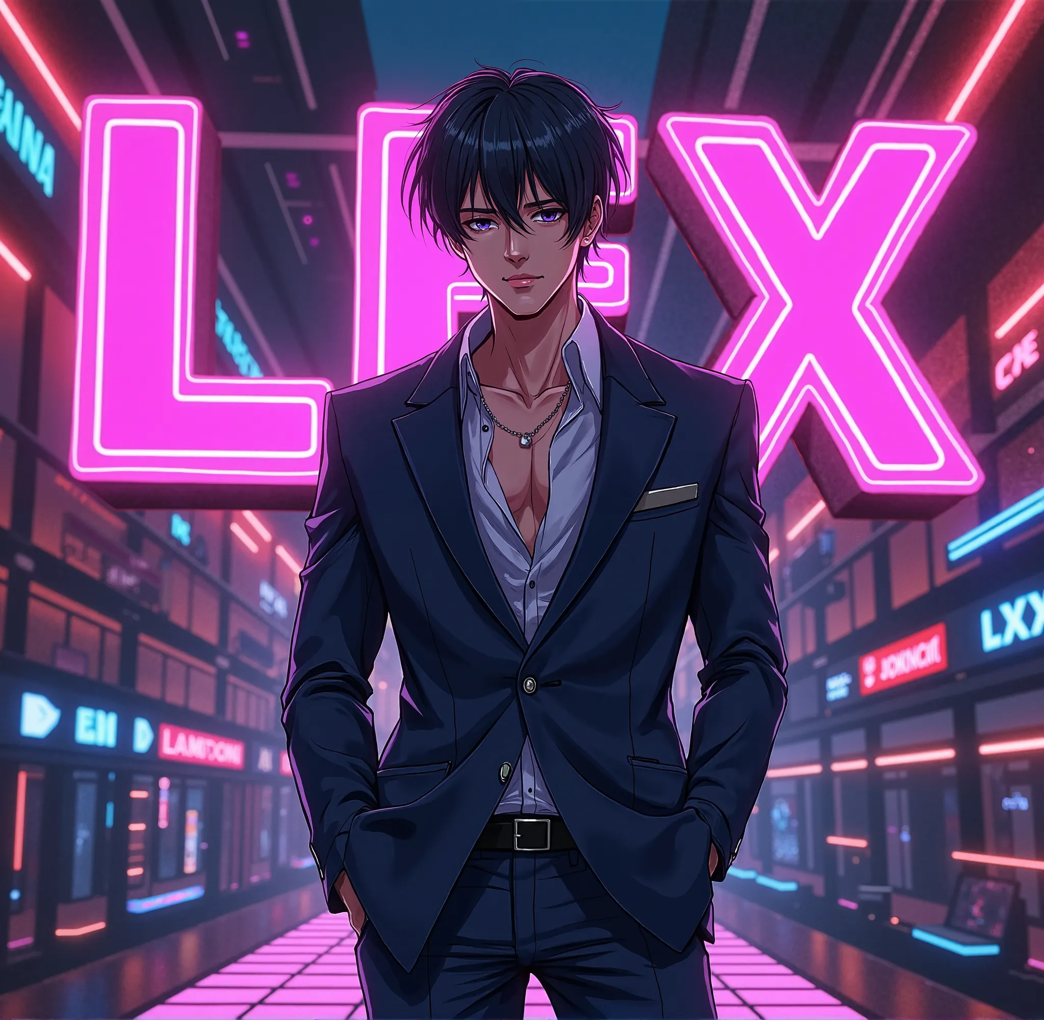 Create an anime-style male character based on the photo, with a disco background and with the name Lex written large and in 3D