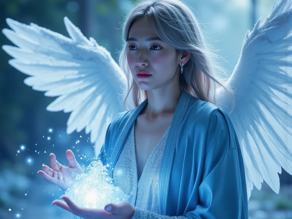 imperial water，A magician，silver hair ,blue eyes,wearing shining loose dress,wearing Blue Silk Robe，Mysterious magical formations， blue glitter，huge ice wings.Powerful Ice Magic on her hand， snow rising over the landscape，Blue light cold light，wind,ultrahi...