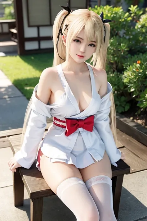 Marie rose, twin tails, blonde hair, master-piece, best quality, full cover shrine maiden outfit, shrine maiden, white pantyhose, white stocking, slight smile, hiding hands, sitting, fully clothed, full clothes, full in clothes, not exposing skins, no show...