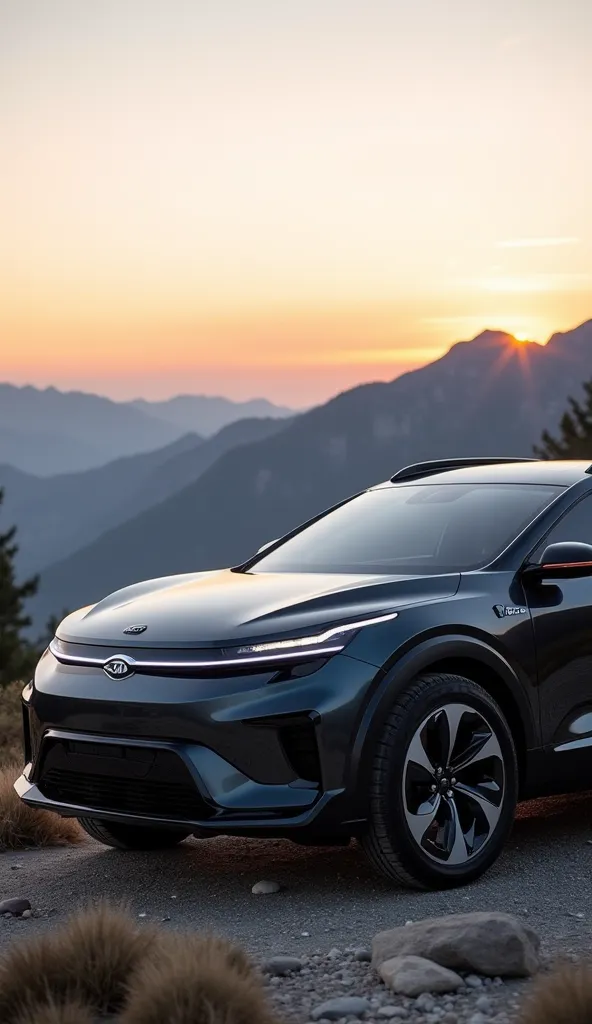 "A futuristic Kia EV9 electric SUV parked in a scenic mountain landscape during sunset. The vehicle has a sleek, modern design with sharp LED headlights, aerodynamic curves, and large alloy wheels. The background features a breathtaking view of mountains a...