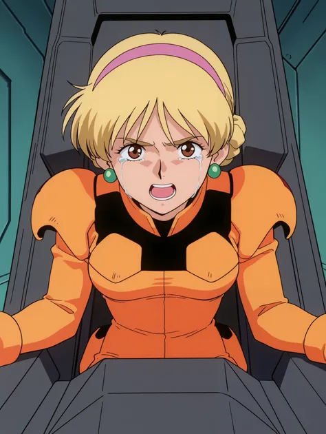 masterpiece, best quality, newest, absurdres, highres, detailed eyes, beautiful, detailed background, perfect eyes, anime coloring, anime screencap, 1990s \(style\), 1girl , Alone, KATEJINA'S STORY. blonde hair, short hair, single bun, french braid, pin...