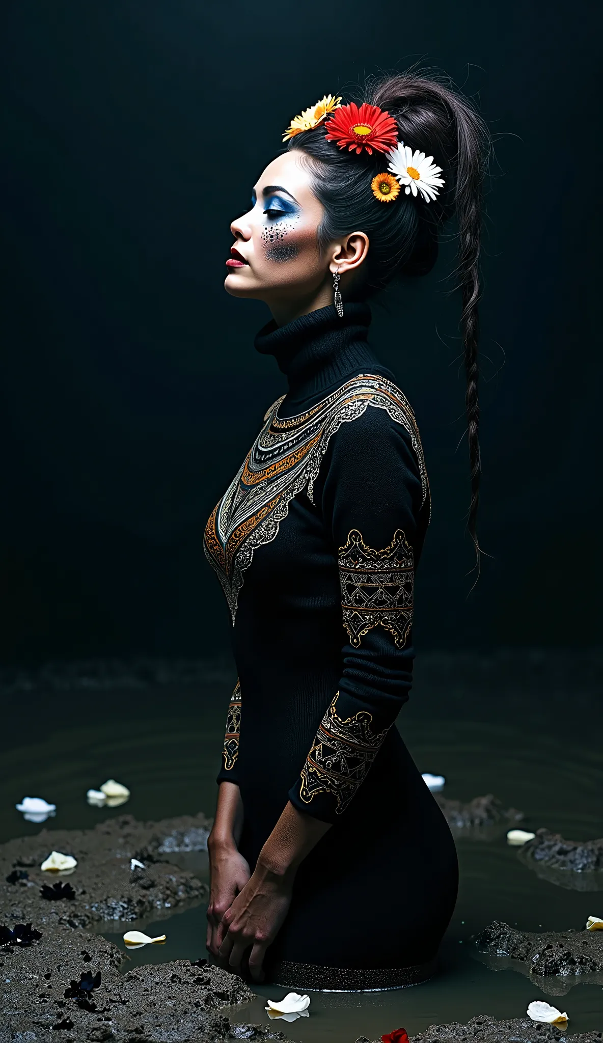  close-up, ritual makeup. Short black knitted closed turtleneck dress with ethnic patterns. studio night lighting — deep indigo and white stroboscope flashes, standing. sinks in a swamp of black mud, white and black and scarlet petals,  black background . ...