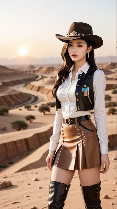 A stunningly beautiful Korean woman wearing a light brown cowboy outfit with a mini skirt. She has long, flowing dark hair and a confident expression. The outfit includes a stylish cowboy hat, a fitted vest, and detailed leather boots. The setting is a sce...