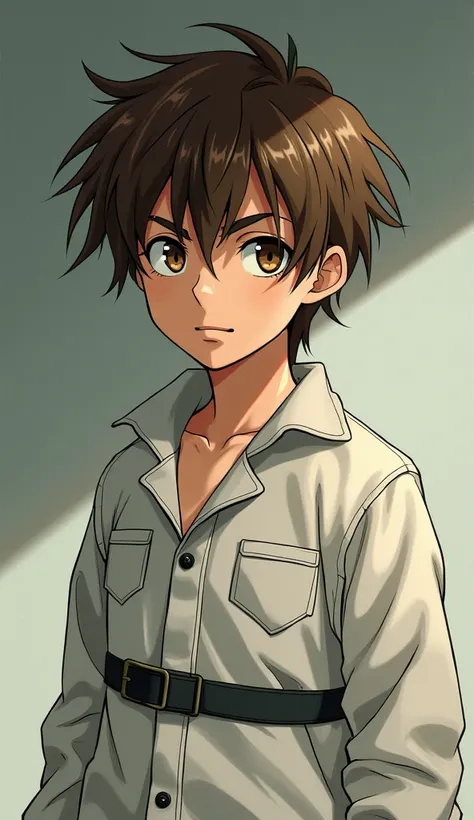 Visualize a character in the style of classic anime, a young male with brown, messy hair. He is dressed in a straight jacket, symbolizing constraint and struggle. His eyes exhibit a fierce determination which is contrasted by his captivity. He is situated ...