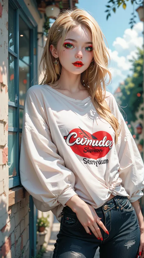 Detailed depiction of a slender blonde woman，Having green eyes，Wearing stylish high-waisted black jeans and an oversized shirt，Exuding a fashionable vibe，Light makeup with red lipstick。