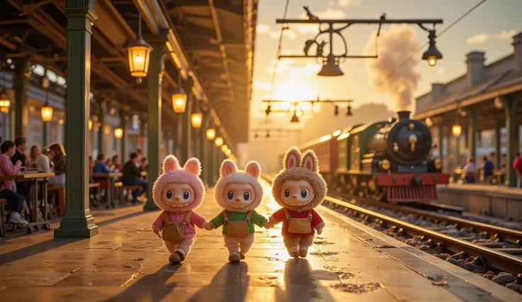 "Labubu with pink, green, brown, and red fur walk hand in hand along the station platform, their small steps in sync as they move forward together. Each of them carries a rucksack, slightly oversized on their tiny frames, bouncing gently with every step. T...