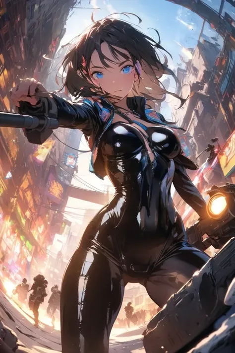 (  top quality,    masterpiece,   Very accurate,   high resolution),     carrying an assault rifle ,      very detailed clothes  ，    Dynamic Composition   ，   Her breasts are so soft，  blue eyes，     black hair，   headphones    ， Clear facial details  ，  ...