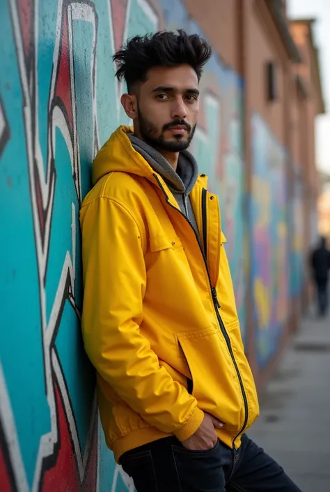 arafed man in a yellow jacket leaning against a fence, a picture inspired by Kailash Chandra Meher, pexels, graffiti, full body photogenic shot, shot on canon eos r 5, shot on canon eos r5, taken with canon 8 0 d, mid shot portrait, with a cool pose, styli...