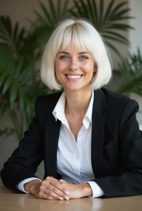 A medium short of a very attractive 19-year-old girl with a white bob of hair. She has a nice smile and is wearing a white shirt and a black blazer.She has big breasts. She is sitting at a table. The background is blurred and contains plants.