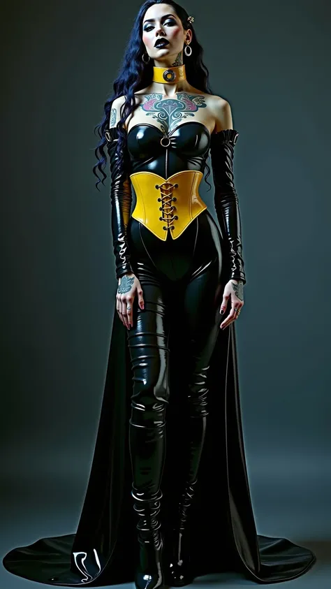 ANGELINA JOLIE, Dominatrix  , pale skin, vampire, nosferatu, dracula, BDSM, blue yellow latex , brilliant, metallic, corps latex noir, longue jupe crayon en latex noir, transparent  latex Japanese latex kimono  , blue latex over the knee boots extrem high ...