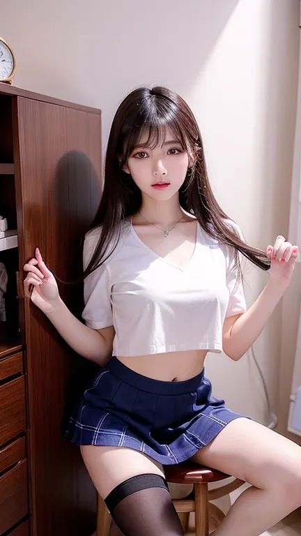 Korean woman pees on the toilet.  bangs,  long straight hair, f,171cm,45kg,Clothes showing nipples , Pee while holding up a skirt