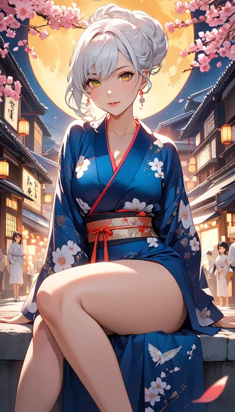 This is an illustration of an anime girl with a perfect hourglass figure, white hair and tanned Japanese skin in a new and vivid pose. She is wearing a kimono with graceful curves that reflect the golden ratio, adorned with a contemporary design that signi...