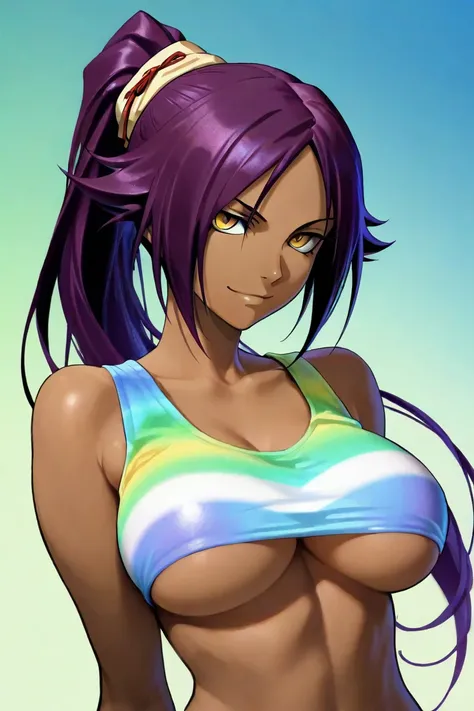 1 woman, yoruichi shihouin, dark skinned, long dark purple hair, ponytail, ((detailed eyes:1.2)), wearing tanktop, sexy, sensual, sleeveless, underboob, masterpiece, top quality, best quality, official art, beautiful and aesthetic:1.2), extreme detailed, c...