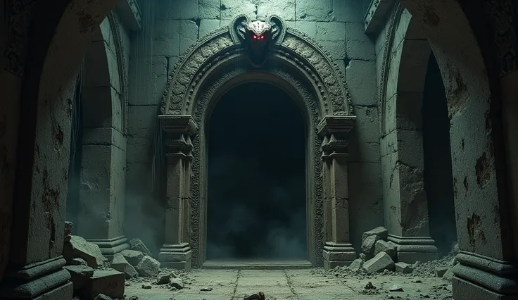 an ancient, dust-covered door wrapped in cobwebs. Above the entrance, a cobra head statue with glowing red eyes looms, casting an eerie presence in the dimly lit chamber.