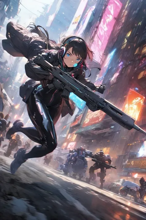 (  top quality,    masterpiece,   Very accurate,   high resolution),     carrying an assault rifle ,      very detailed clothes  ，    Dynamic Composition   ，  full body， blue eyes，     black hair，   headphones    ， Clear facial details  ，  Angle from a dis...