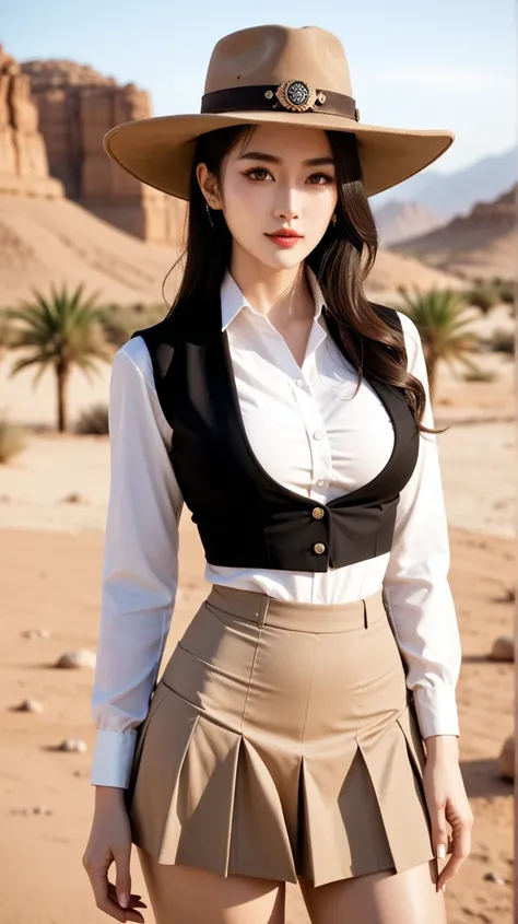 A stunningly beautiful Korean woman bih breast wearing a light brown cowboy outfit with a mini skirt. She has long, flowing dark hair and a confident expression. The outfit includes a stylish cowboy hat, a fitted vest, The setting is a scenic western deser...