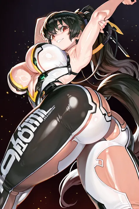 score_9, score_8_up, score_7_up, 1girl, front, ass, low angle, stretching , eve, stellar blade, black hair, armpit crease, looking at viewer, dark background, particles, shiny skin, long pony tail hair, smiling, damage leggings. Wide hips, (((open breasts)...