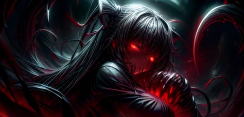 Hi resolution, best quality, beautiful girl, long black hair, red eyes, large breasts, holding a red and bleeding heart in her hands, dark background, blood all over her body, night sky, dynamic lighting, black robes, voluptuous figure, murder mommy