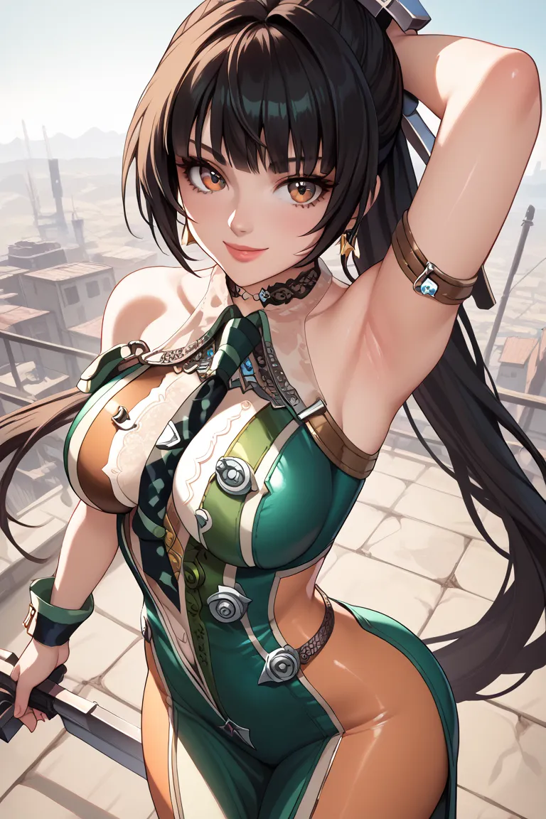 score_9, score_8_above, score_7_above, score_6_above, source_anime, to break, eve, stellar blade,  medium breasts , bare shoulders, Alone, black hair, very long hair, all four ,  seductive smile,  looking at the viewer,  post apocalyptic background showing...