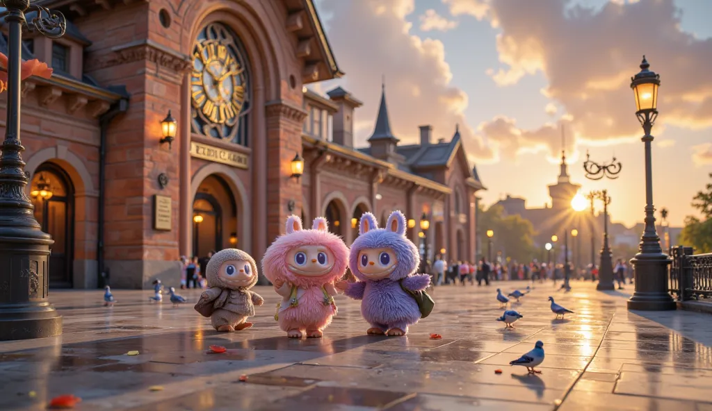 "Labubu with pink, gray, purple, and blue fur stand together in front of the train station, their small hands raised high as they wave excitedly. Their round eyes shine with joy, reflecting the golden hues of the late afternoon sun. The soft breeze ruffles...