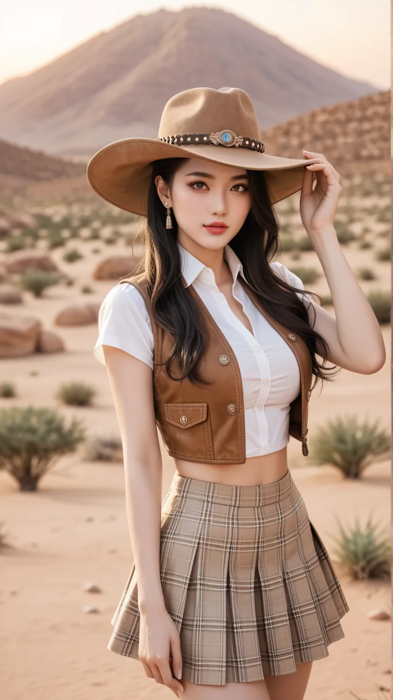 A stunningly beautiful Korean woman big breast wearing a light brown cowboy outfit with a mini skirt. She has long, flowing dark hair and a confident expression. The outfit includes a stylish cowboy hat, a fitted vest, The setting is a scenic western deser...