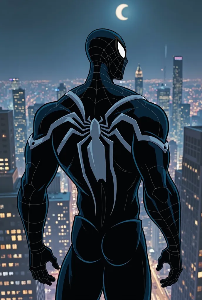 animation Create an image of Spider-Man wearing Venom's black suit but with his head bare he is looking at the city from the top of a tower, It's nighttime and you can see the photo from behind. A little less muscular, his head is bare. 