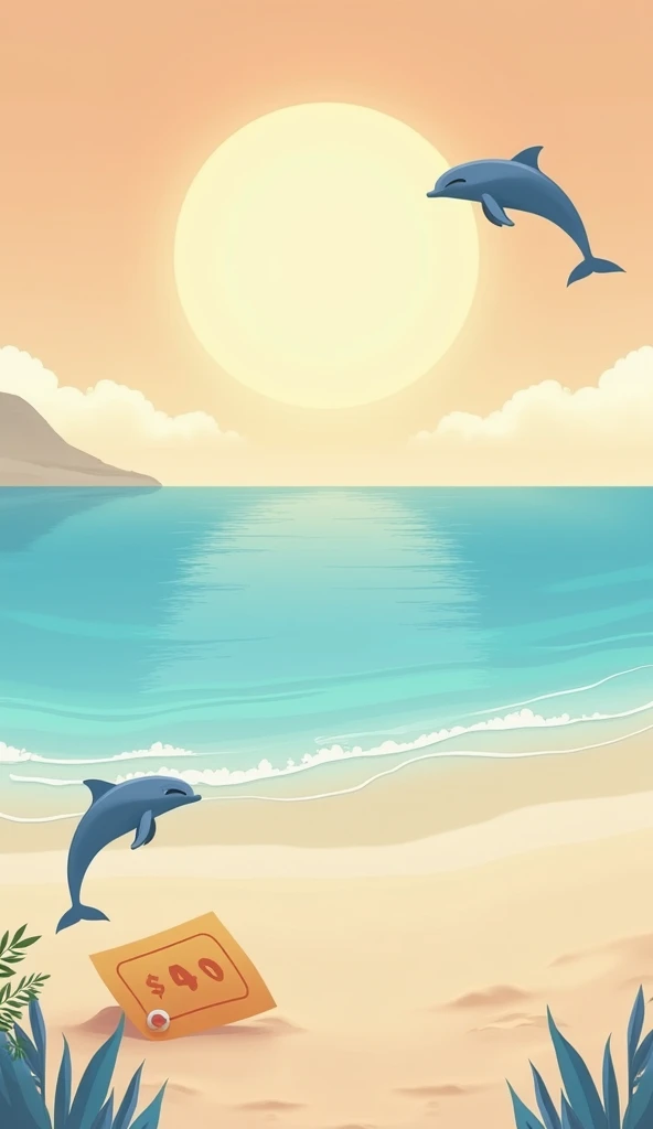 beach with the image of a lottery。color、Orange with the image of the sun、 light blue with the image of the sea、 イルカをイメージしたネイビー3color。create a minimal and modern design。