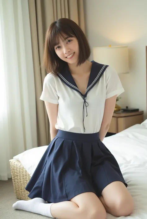 (Masterpiece, Best quality:1.4), (Ultra realistic, Photo-realistic:1.3), nsfw, (Wearing Sailor suit, White short sleeve:1.2), (Dark navy skirt:1.2), (Wearing white sock), (Short wavy hair:1.1), Natural light, 28 years old actor, Japanese woman, Neat and cl...