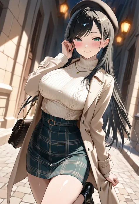 (best quality, masterpiece, ultra detailed, high resolution), Beautiful 8K CG artwork, Enriched photography, anatomically accurate body, depth of field,  1girl, elegant yet sexy girl, (long hair, black straight hair, swept bangs), 
round large breasts, bre...