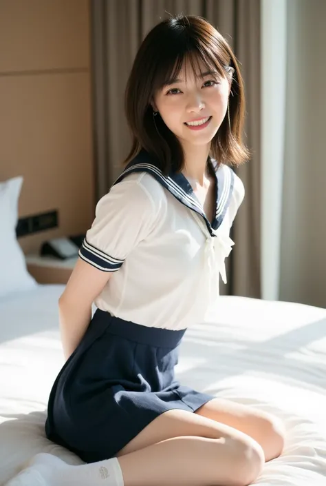 (Masterpiece, Best quality:1.4), (Ultra realistic, Photo-realistic:1.3), nsfw, (Wearing Sailor suit, White short sleeve:1.2), (Dark navy skirt:1.2), (Wearing white sock), (Short wavy hair:1.1), Natural light, 28 years old actor, Japanese woman, Neat and cl...