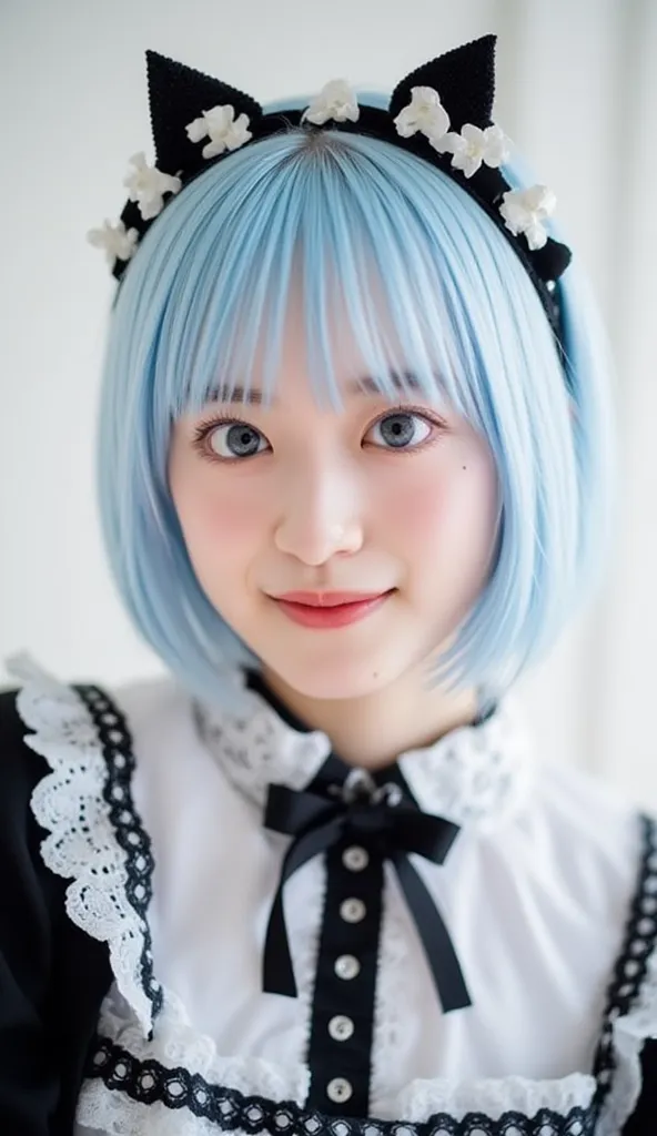 A young woman with short, pastel blue hair styled with a black headband featuring white flowers and ear-like accents. She wears a black and white maid outfit, adorned with lace and ribbons, and has striking blue eyes highlighted with makeup. The background...