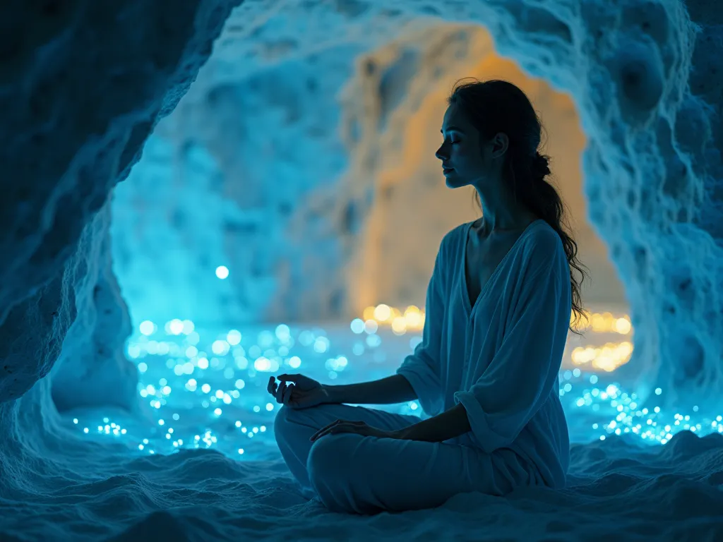 A serene European woman sits with closed eyes inside a mystical blue light cave with golden energy particles and a golden glow in the back. The walls glow softly, pulsating with soothing energy, casting a tranquil ambiance. Tiny floating light particles ho...