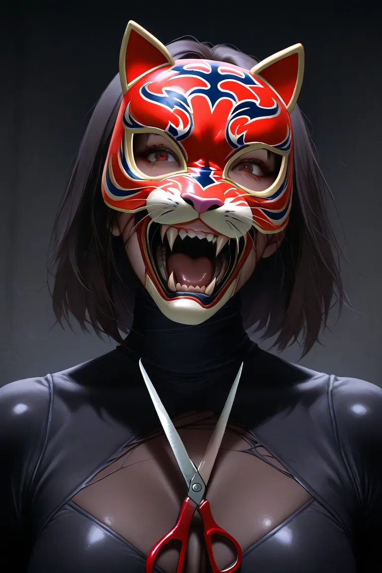 Female wrestler Tiger Mask's mask is torn to reveal her face by shadow man, and her mask is brutally torn apart,by shadow man,Mask mask chopped up by Shadow Man with scissors,top rated on pixiv, realistic anime style at pixiv