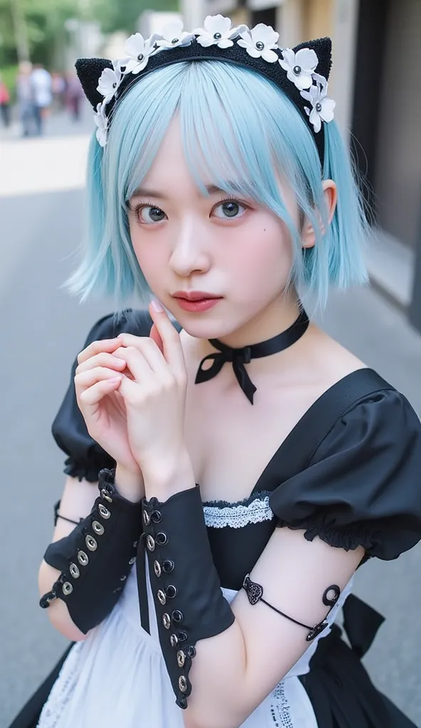 A young woman with short, pastel blue hair styled with a black headband featuring white flowers and ear-like accents. She wears a black and white maid outfit, adorned with lace and ribbons, and has striking blue eyes highlighted with makeup. The background...