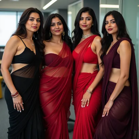 4 Indian white skin ladies, curvy body, low hip saree fell, in office, posing in transparent saree fell, left one in black transparent saree fell, low neck, centre one in red transparent saree fell, right one is in dark wine saree, showing navel, 8k images...