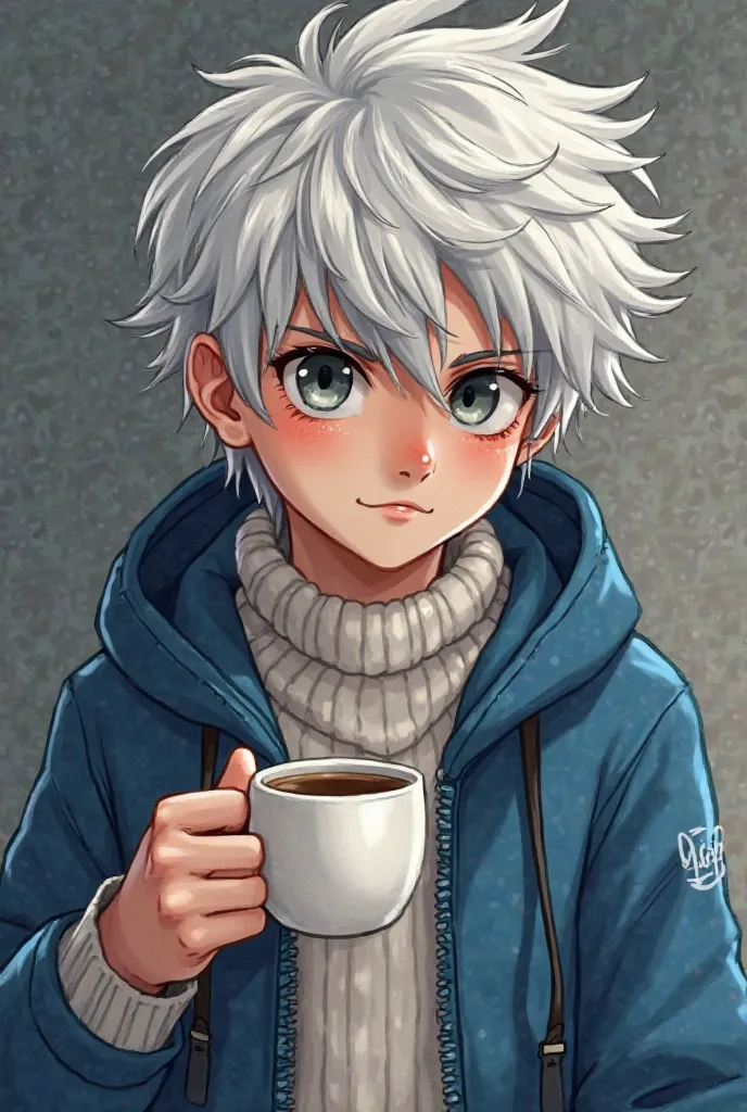 The guy is very trio 
grizet fingernails 
White hair blue jacket
And a white sweater 
under the face
Black eyes
You can clearly see the lack of sleep under the eyes
Coffee in hand
Hair tail 
Trivitis on the face 
2d drawing
Bruises under thunderstorms
Pale...