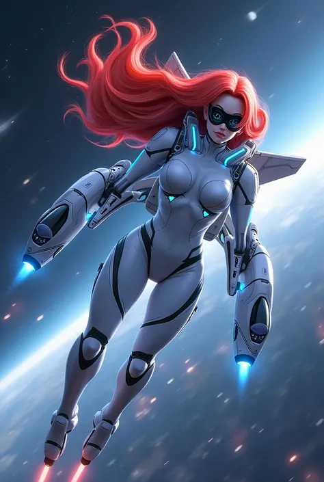 Gwen tennison from ben 10 wearing a white Robotic spacesuit and tubes with blue liquid are connected to her body and to her mask connected to her mouth and rocket and metal jet wings attached on her back and she's flying in the space