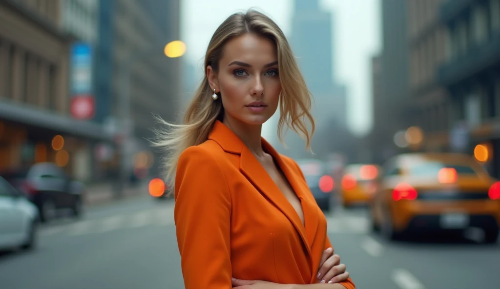 Woman In Orange Blazer Blurred City Background