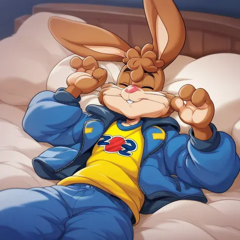 quicky,4 fingers,brown fur, blue pants, yellow, adult, puffy hair, tall, cute version of quicky, cute rabbit hair, furry, rabbit, male, eyeshadow, slim,solo,looking_at_viewer, bed‚ sleeping