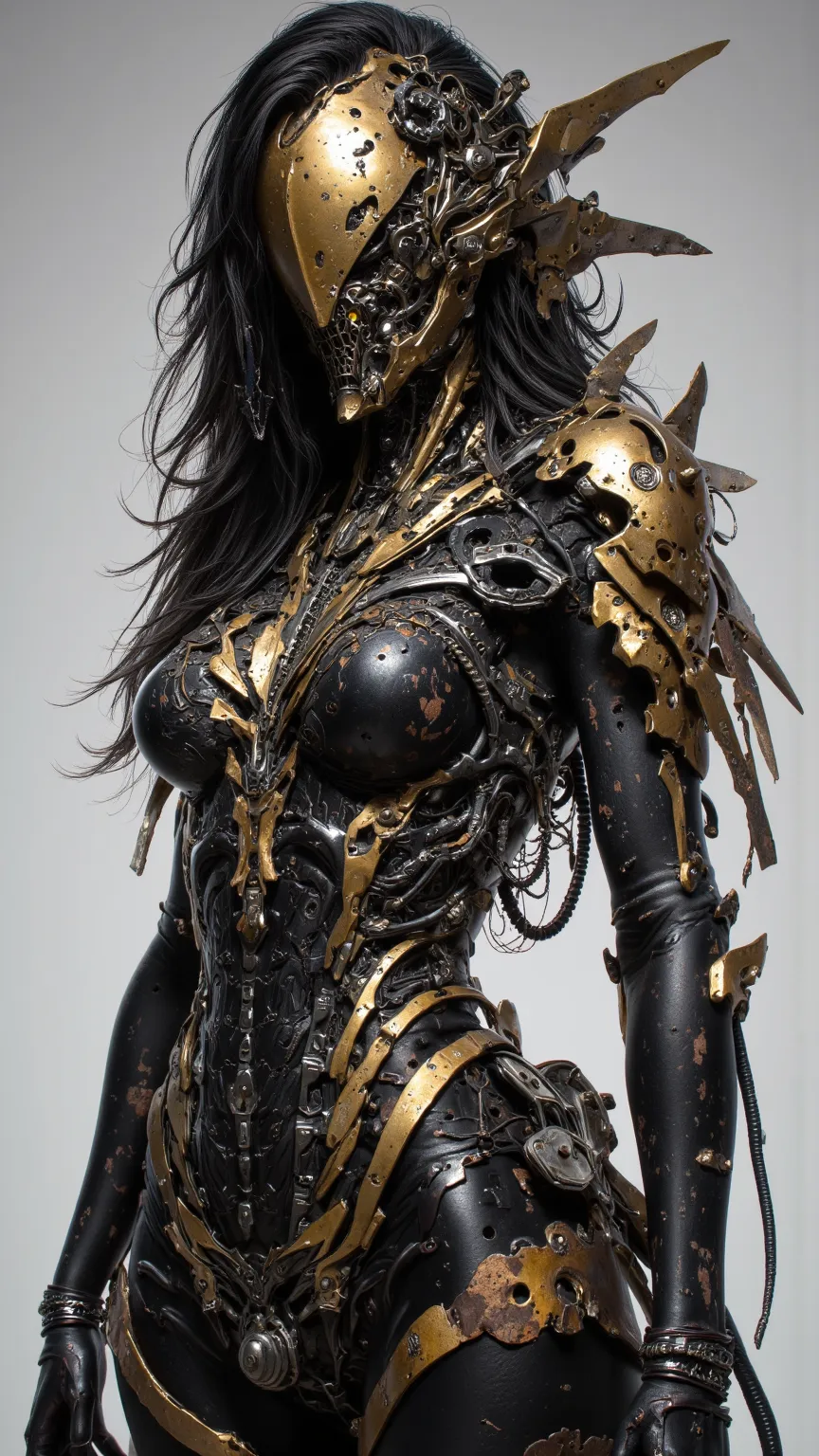 A complex portrait of a post-apocalyptic woman，She is integrated with the remains of Saibo and ancient relics from a lost civilization。Her face is obscured by a shattered gold mask，The contrast of rusty bolts and wasteful circuits on her body。