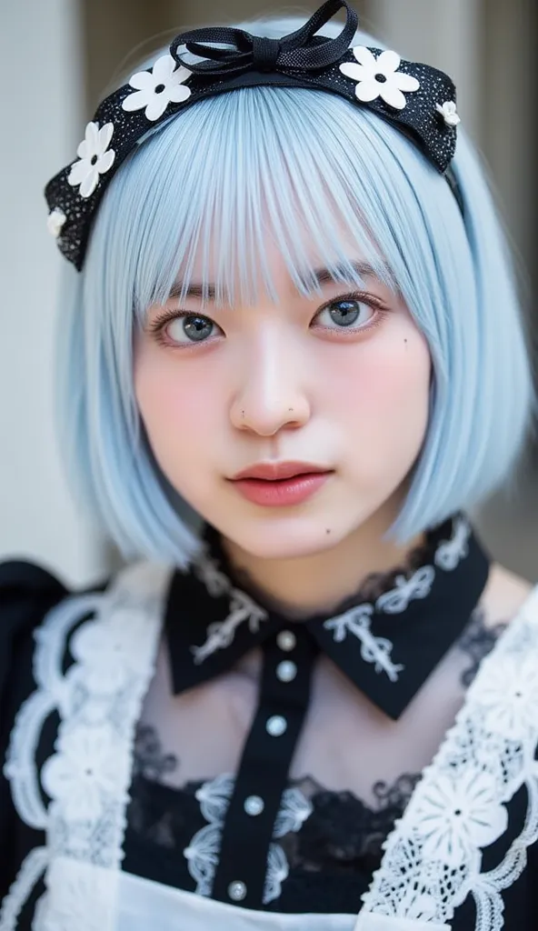 A young woman with short, pastel blue hair styled with a black headband featuring white flowers and ear-like accents. She wears a black and white maid outfit, adorned with lace and ribbons, and has striking blue eyes highlighted with makeup. The background...