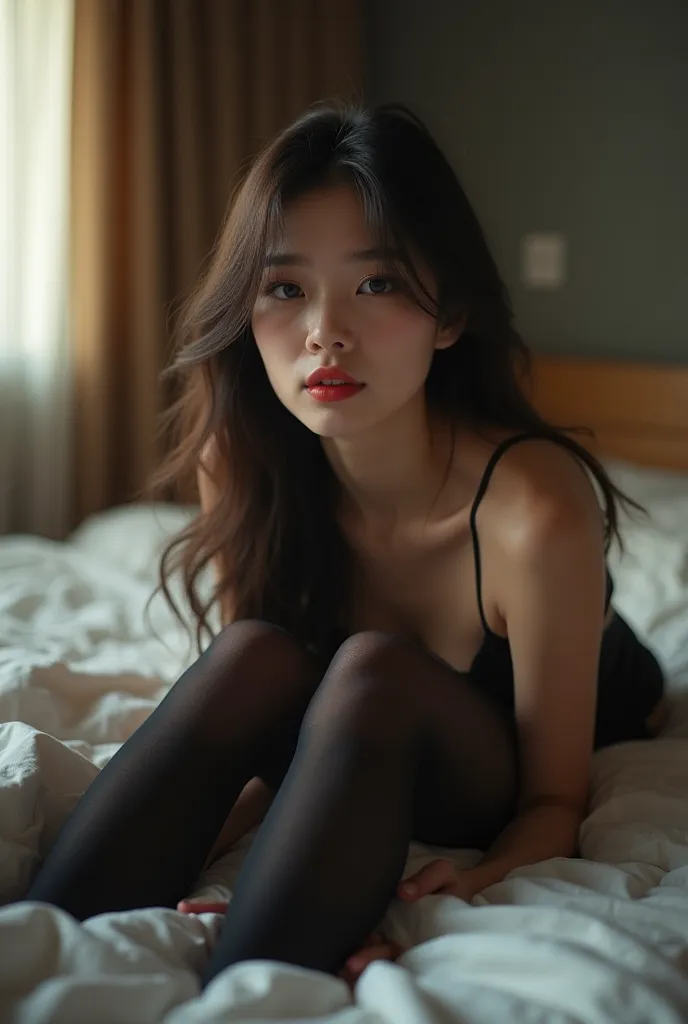 A teenage Korean girl and Ga Seung are really big 
I put on smoky makeup and red lipstick
The makeup is so thick
I'm lying on the bed with my legs spread apart in black stockings 
My underwear is almost all peeled off
