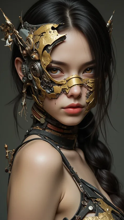 A complex portrait of a post-apocalyptic woman，She is integrated with the remains of Saibo and ancient relics from a lost civilization。Her face is obscured by a shattered gold mask，The contrast of rusty bolts and wasteful circuits on her body。