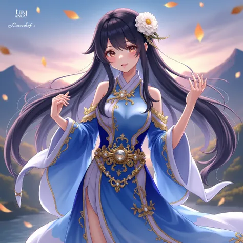 สร้างรูปภาพของ A female character with long, flowing black hair, adorned in an intricately designed blue and white outfit. The outfit is ornate, featuring golden embellishments and patterns. She holds a white flower in one hand and has a golden accessory a...