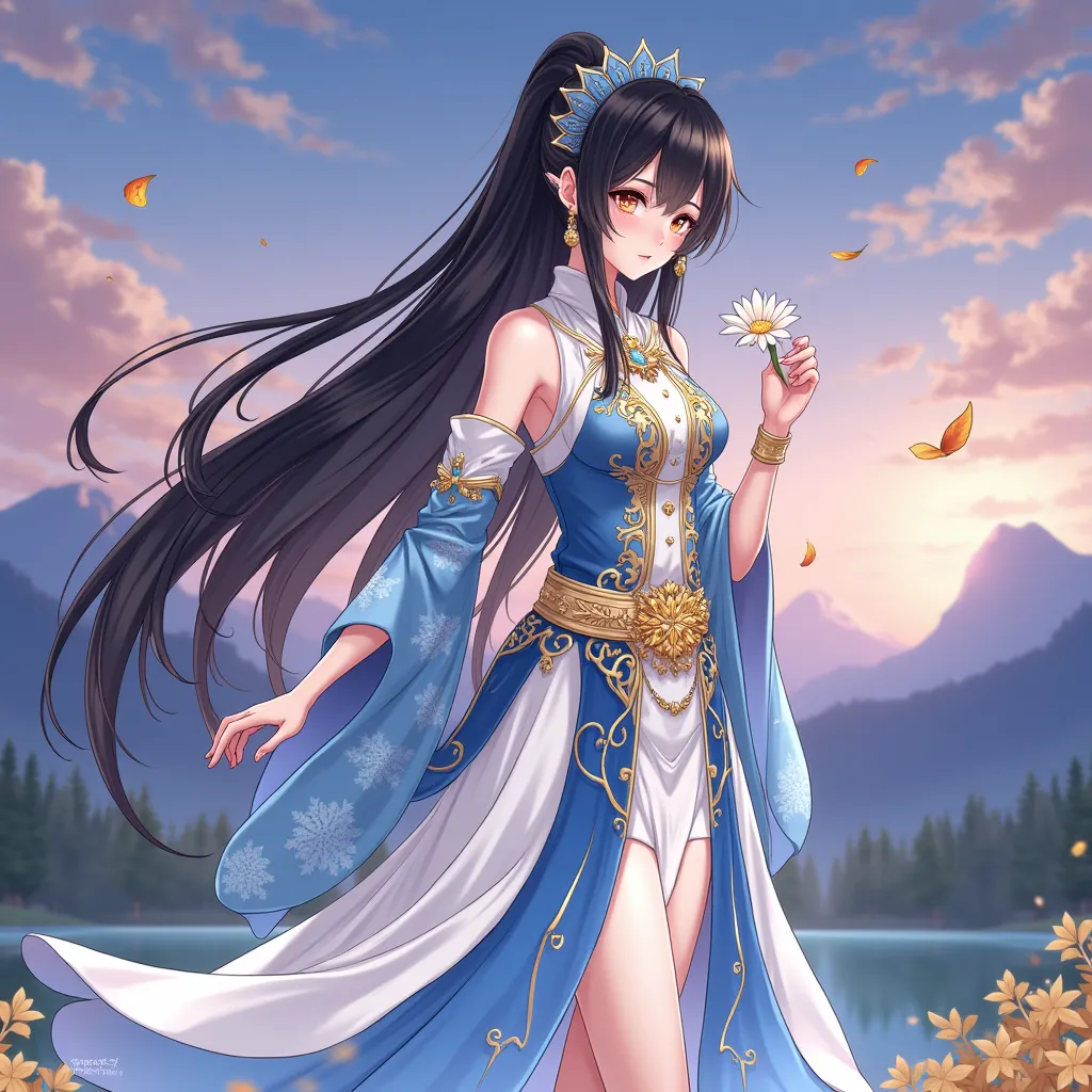 สร้างรูปภาพของ A female character with long, flowing black hair, adorned in an intricately designed blue and white outfit. The outfit is ornate, featuring golden embellishments and patterns. She holds a white flower in one hand and has a golden accessory a...